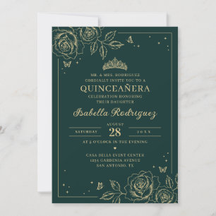 Smaragdgrüne Goldene Florale Quinceañera Einladung