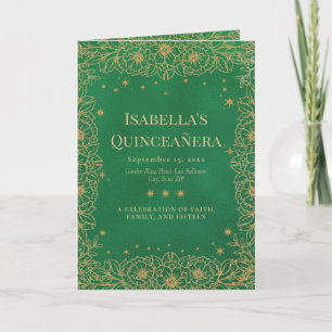 Smaragdgrüne Goldene Florale Quinceañera Programm