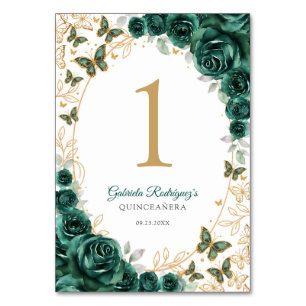 Smaragdgrüne Goldene Florale Quinceanera Tischnummer