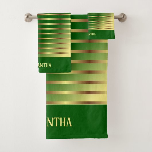 Smaragdgrüne goldene Streifen Name geometrisch Badhandtuch Set (Insitu)