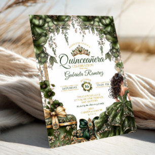 Smaragdgrüne goldene Tiara-Blumen-Quinceañera Einladung