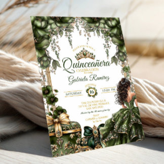 Smaragdgrüne goldene Tiara-Blumen-Quinceañera Einladung