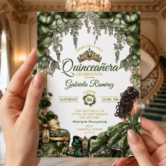 Smaragdgrüne goldene Tiara-Blumen-Quinceañera Einladung