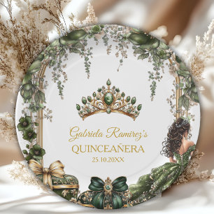 Smaragdgrüne goldene Tiara Floral Quinceañera Pappteller