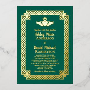 Smaragdgrüne Goldfolie Celtic Claddagh Hochzeit Folieneinladung