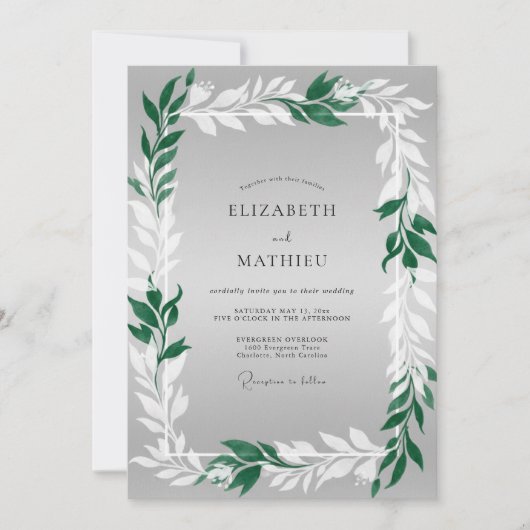 Smaragdgrüne Graue Blatt-Hochzeit Einladung (Vorderseite)