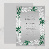 Smaragdgrüne Graue Blatt-Hochzeit Einladung (Vorne/Hinten)