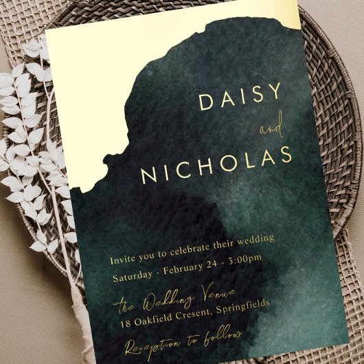 Smaragdgrüne Hochzeit: Watercolor Gold Folieneinladung