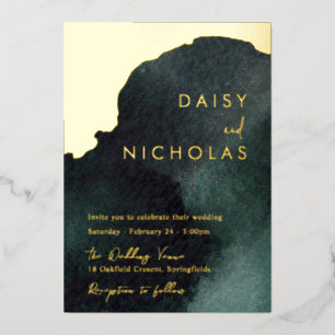 Smaragdgrüne Hochzeit: Watercolor Gold Folieneinladung