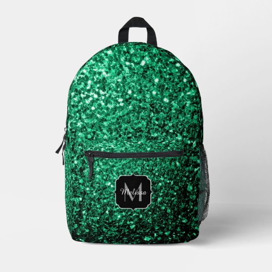 Smaragdgrüne Imitate Glitzern Glitzern Monogram Bedruckter Rucksack (Vorderseite)