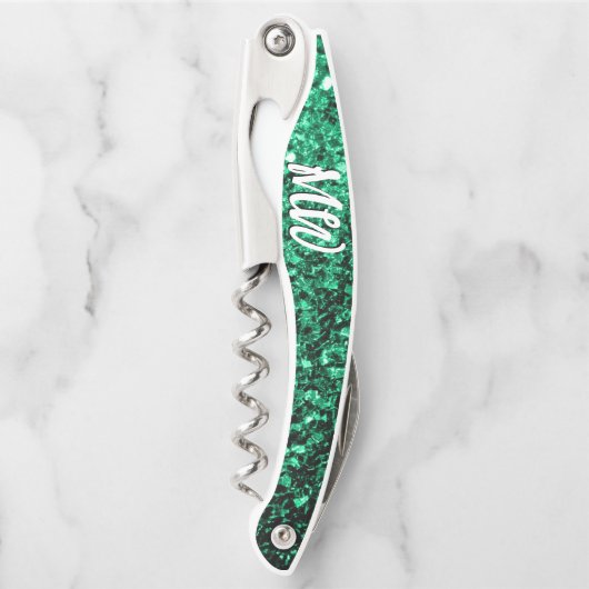 Smaragdgrüne Imitate Glitzern Glitzern Monogram Kellnermesser (Vorderseite)