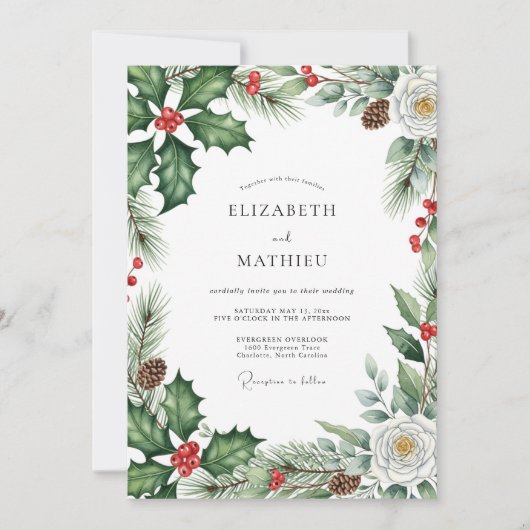 Smaragdgrüne Immergrüne Winterhochzeit Einladung (Vorderseite)