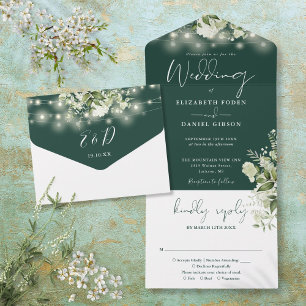 Smaragdgrüne Lichtergirlande Monogramm Hochzeit All In One Einladung