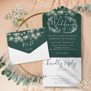 Smaragdgrüne Lichterkette Blätter Hochzeit All In One Einladung