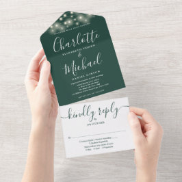 Smaragdgrüne Lichterkette Elegante Hochzeit Schrif All In One Einladung
