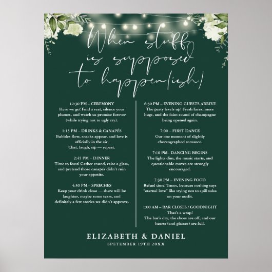 Smaragdgrüne Lichterkette Florale Hochzeitsplanung Poster (Vorne)