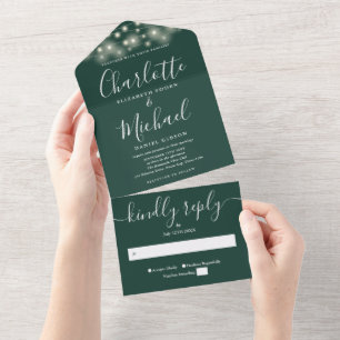 Smaragdgrüne Lichterkette Moderne Schrift Hochzeit All In One Einladung