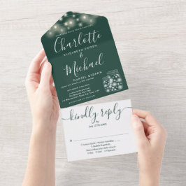Smaragdgrüne Lichterketten Mason Jars Hochzeit All In One Einladung