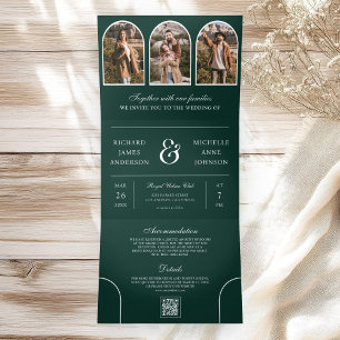 Smaragdgrüne Minimale Bogen Foto QR-Code Hochzeit Dreifach Gefaltete Einladung