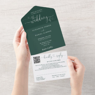 Smaragdgrüne minimalistische Schrift QR-Code-Hochz All In One Einladung