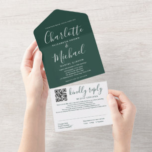 Smaragdgrüne moderne Schrift QR-Code-Hochzeit All In One Einladung