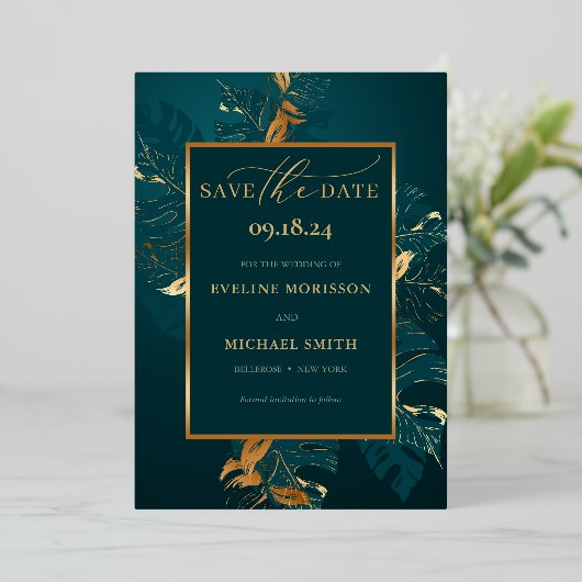 Smaragdgrüne Monsterfolie Save the Date Folieneinladung (Stehend vorne)