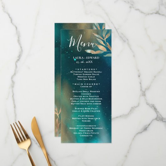 Smaragdgrüne Nebel Galaxie Nachthimmel Goldene Fol Menükarte (Vorderseite/Rückseite Beispiel)