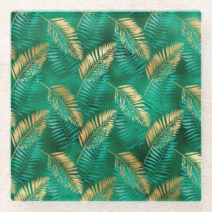 Smaragdgrüne Palmwedel Helle goldene Dschungel Glasuntersetzer
