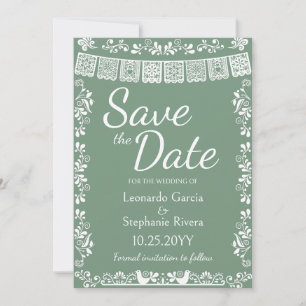 Smaragdgrüne Papel-Picado-Hochzeit - Save-the-Date Einladung