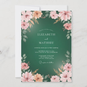 Smaragdgrüne Pfirsich-Aquarell-Blumenhochzeit Einladung