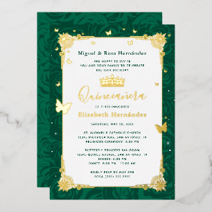 Smaragdgrüne Quinceañera Elegante Schmetterlinge Folieneinladung