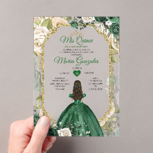 Smaragdgrüne Quinceañera Gold Glitter Floral Acryleinladungen