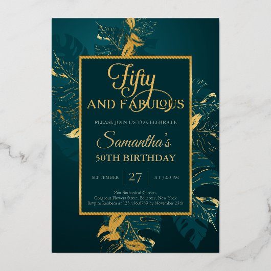 Smaragdgrüne reale Goldfolie fünfzig und fabelhaft Folieneinladung (Vorderseite)