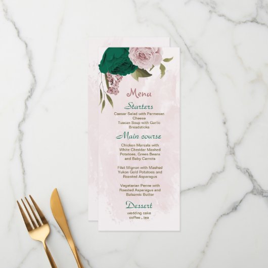 smaragdgrüne rosa Blume botanische Hochzeit Menükarte (Vorderseite/Rückseite Beispiel)
