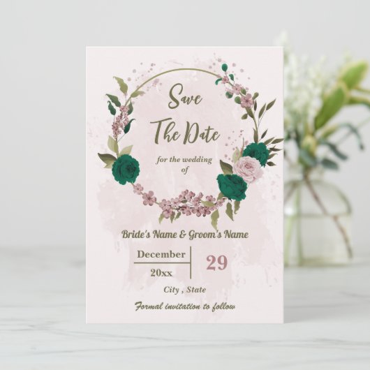 smaragdgrüne rosa Blume botanische Hochzeit Save The Date (Stehend Vorderseite)