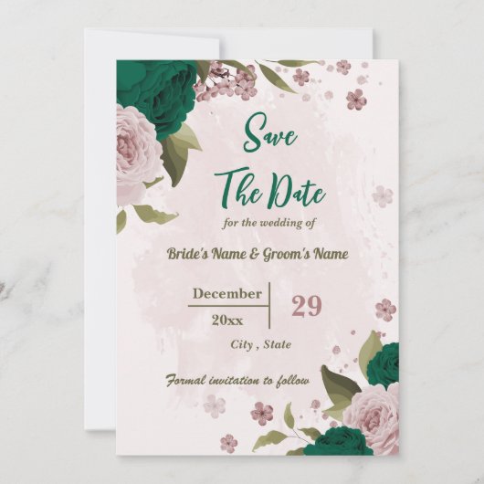 smaragdgrüne rosa Blume botanische Hochzeit Save The Date (Vorderseite)