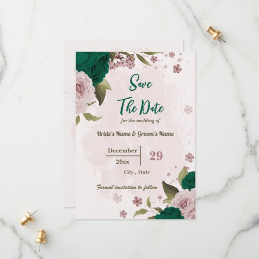 smaragdgrüne rosa Blume botanische Hochzeit Save The Date (Vorderseite/Rückseite Beispiel)