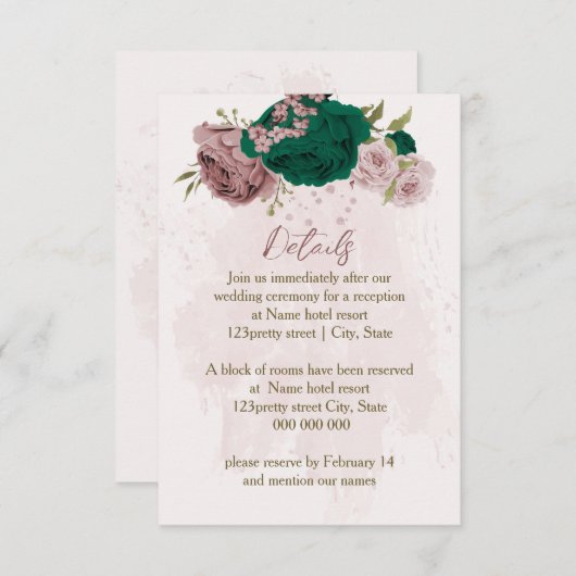 smaragdgrüne rosa Blume Hochzeitsdetails Begleitkarte (Vorne/Hinten)