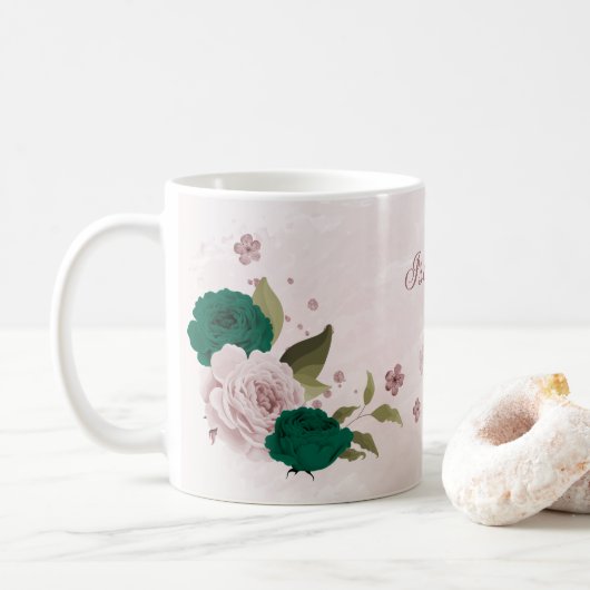 smaragdgrüne rosa Blume Kaffeetasse (Mit Donut)