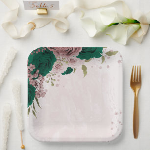 smaragdgrüne rosa Blumen Hochzeit Pappteller