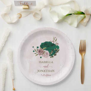 smaragdgrüne rosa Blumen Hochzeit Pappteller
