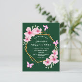 Smaragdgrüne rosa Blüten Quinceanera Postkarte (Stehend Vorderseite)