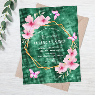 Smaragdgrüne rosa Blüten Quinceanera Postkarte
