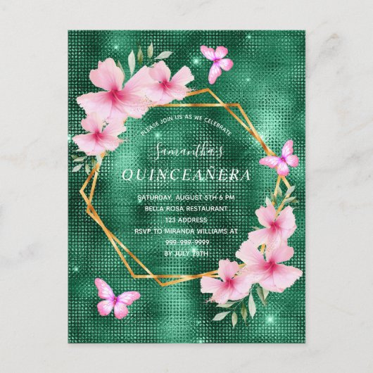 Smaragdgrüne rosa Blüten Quinceanera Postkarte (Vorderseite)