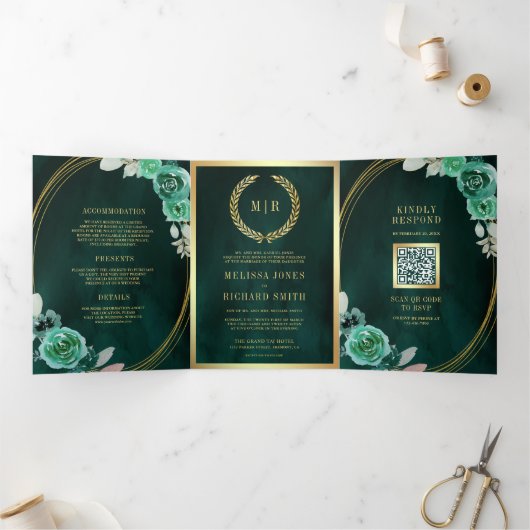 Smaragdgrüne Rose in einem QR-Code Dreifach Gefaltete Einladung (Innenseite)