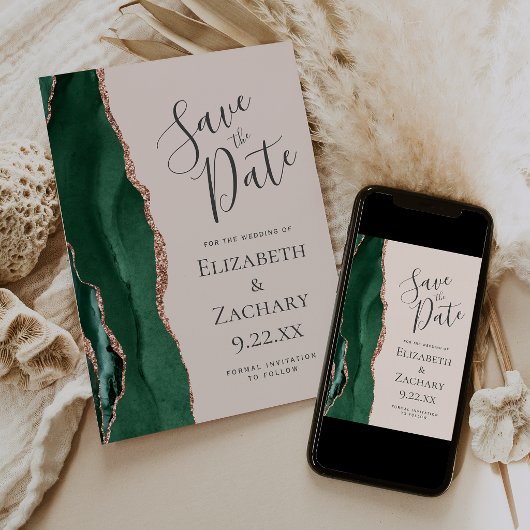 Smaragdgrüne Roségold-Achat-Blush Save-the-Date-Ka Save The Date