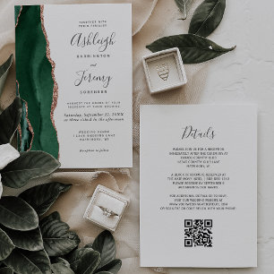 Smaragdgrüne Roségold-Achat-Weiße QR-Hochzeit Einladung