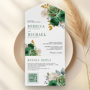 Smaragdgrüne Rosen Floraler QR-Code Hochzeit All In One Einladung