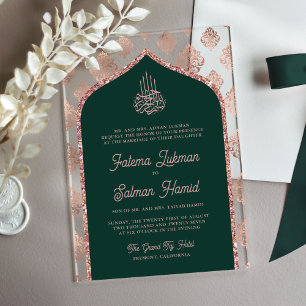 Smaragdgrüne Rosen-Gold-Damask-Bogen-Muslim-Hochze Acryleinladungen