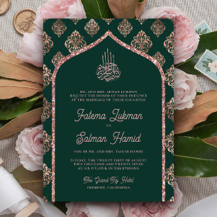 Smaragdgrüne Rosen-Gold-Damask-Bogen-Muslim-Hochze Einladung